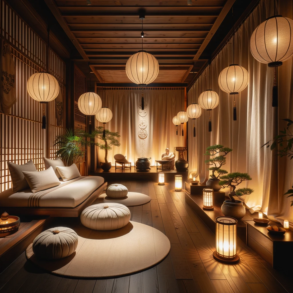 "A serene and elegantly decorated traditional Korean massage room in Gangnam, Seoul, designed to promote relaxation and wellness.